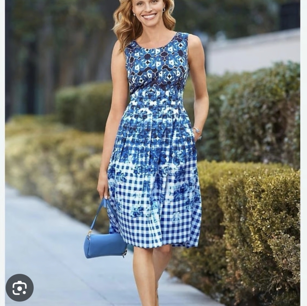 Talbots Blue Floral Gingham Sleeveless Fit Flare Sleeveless Pockets Dress